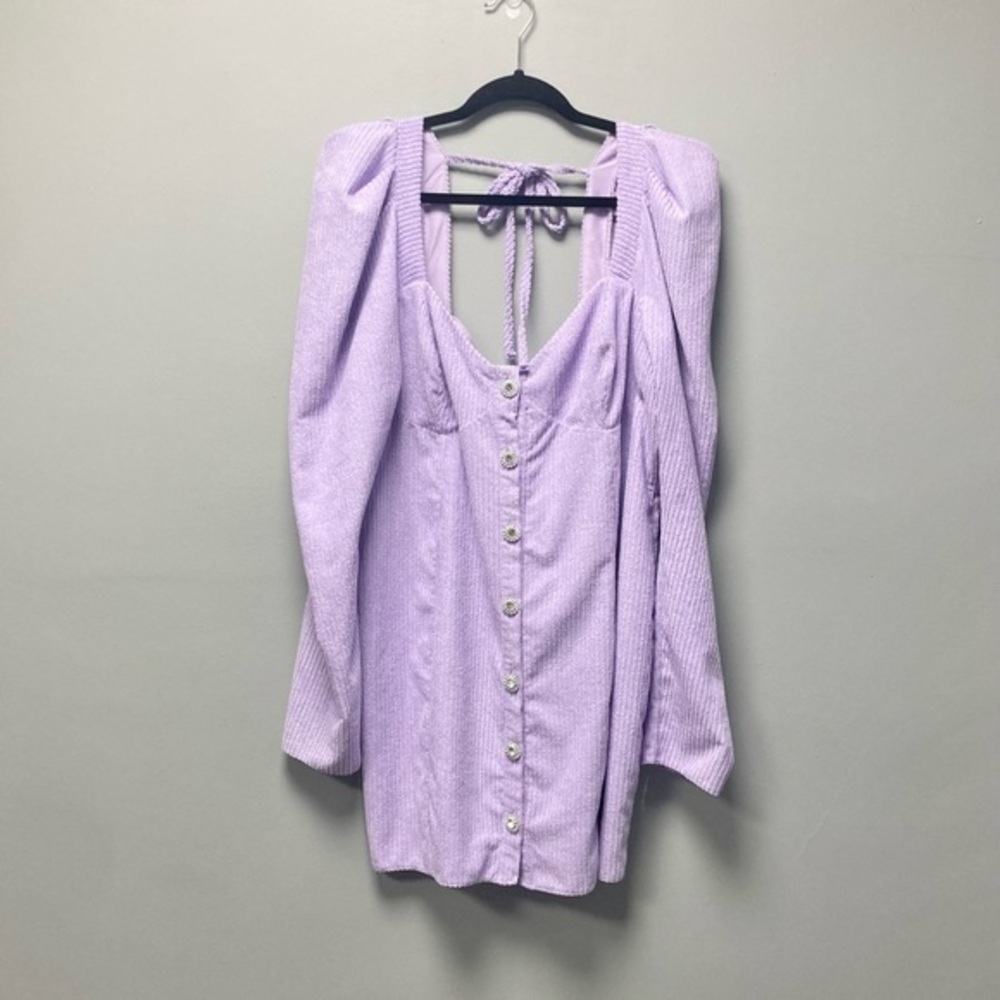 ASOS DESIGN Lilac Ribbed Mini Dress Puff Sleeve Rhinestone Button Open‎ Back 14